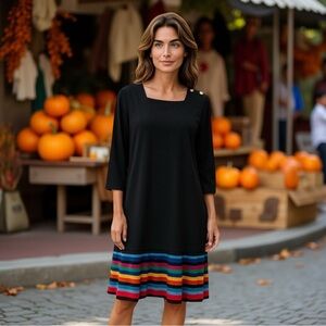 Vintage MS Chaus Black Shift Dress vith Bold Rainbow Pleated Hem Size 16